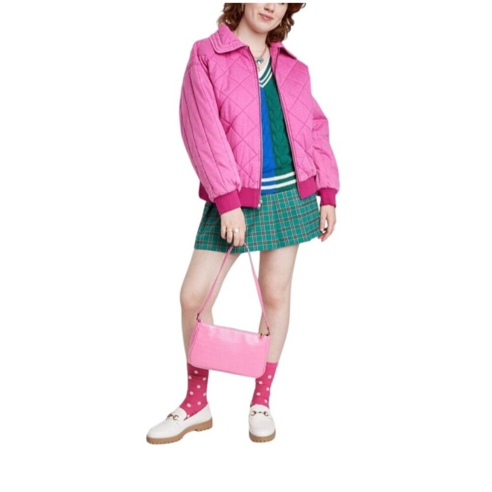 Pink Quilted Zip-Up Jacket With Ribbed Details & Collar